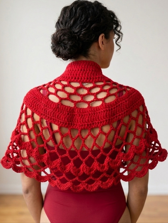 Hand Crafted Sweaters - HAND CRAFTED Open-Knit Red Crochet Shrug Sweater 5-way Acrylic Summer Piece
